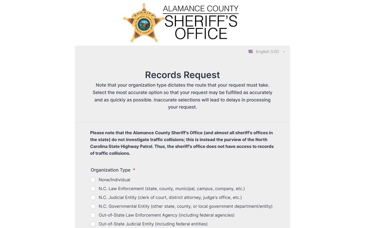 Alamance County booking photo records request form