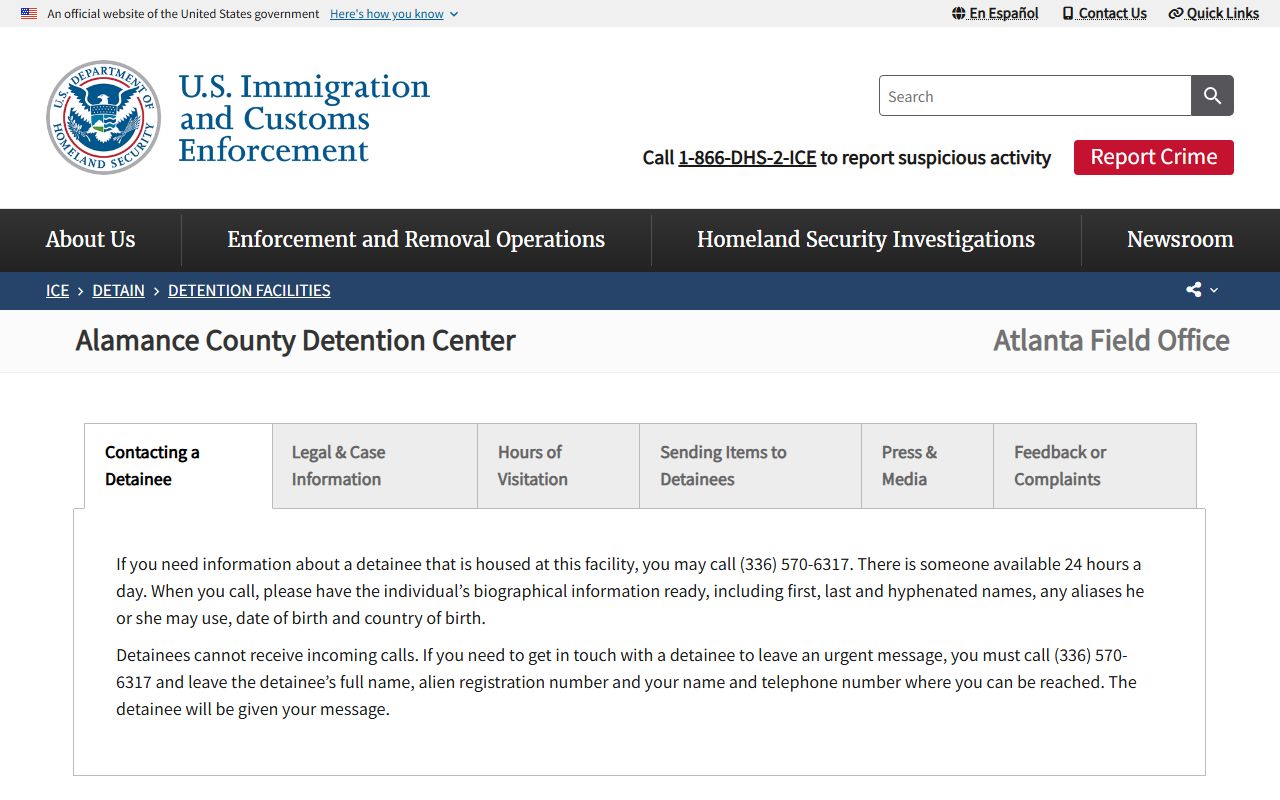 Alamance County Detention Center ICE detainee facility page