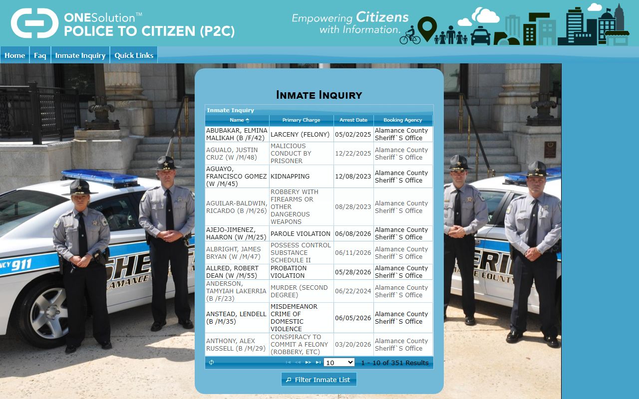 Alamance County inmate records P2C roster search screen